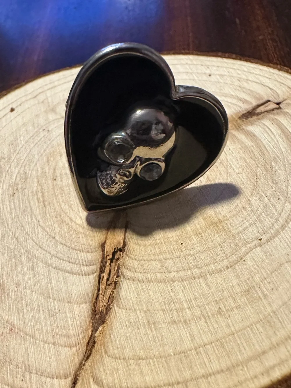 Skull Heart Ring Black Enamel Silver Tone Adjustable